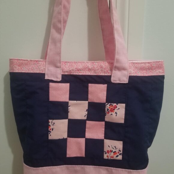Shoulder Tote Bag Handbag Purse, Handmade Patchwork Pink Blue Quilted Market - Picture 1 of 4
